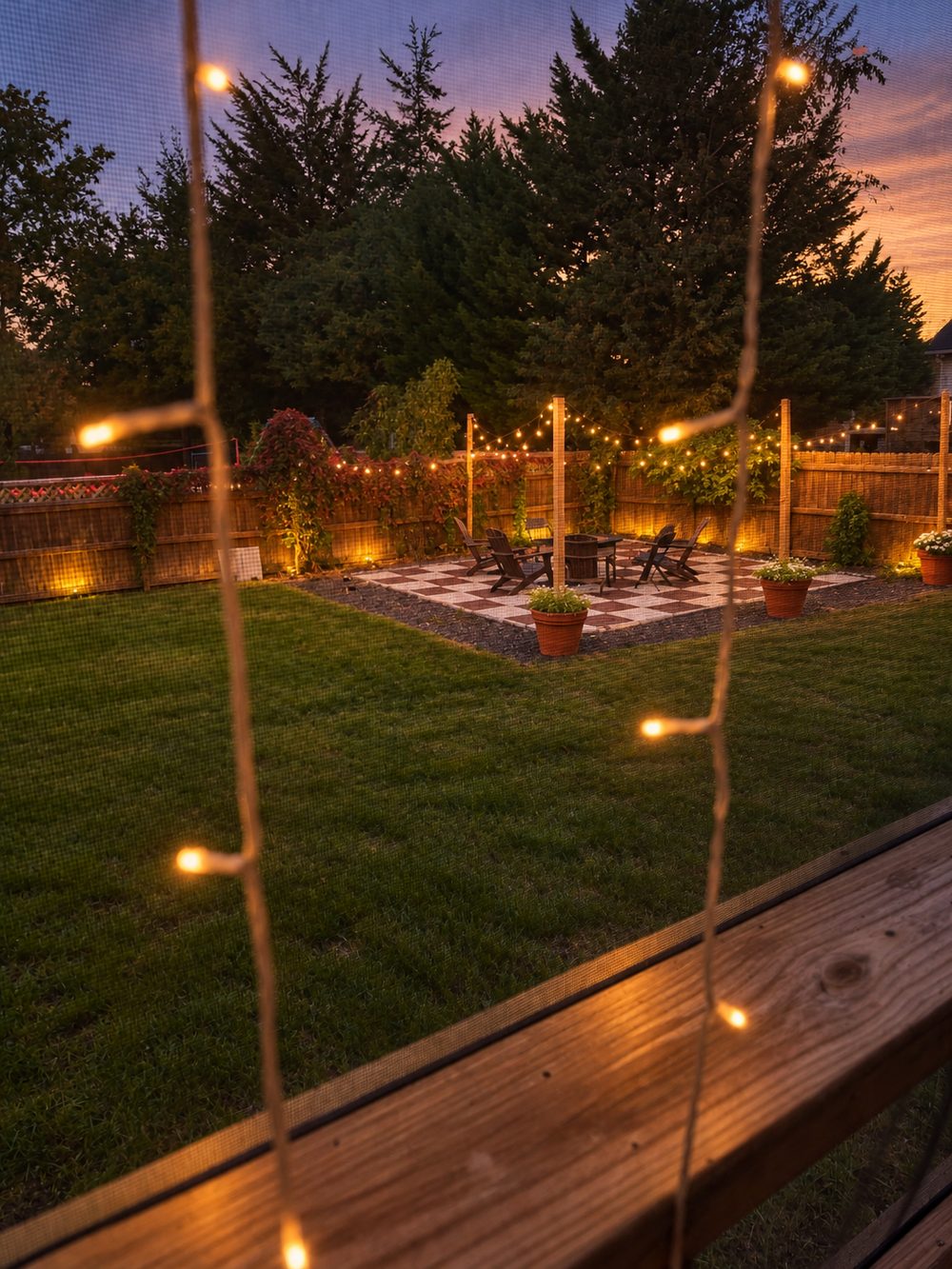 The screened catio at dusk, looking out over the garden patio