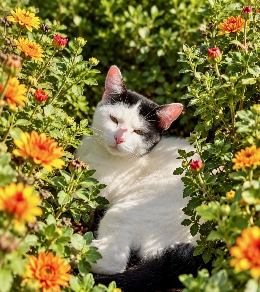 A black and white cat lounging in the sun among orange garden flowers