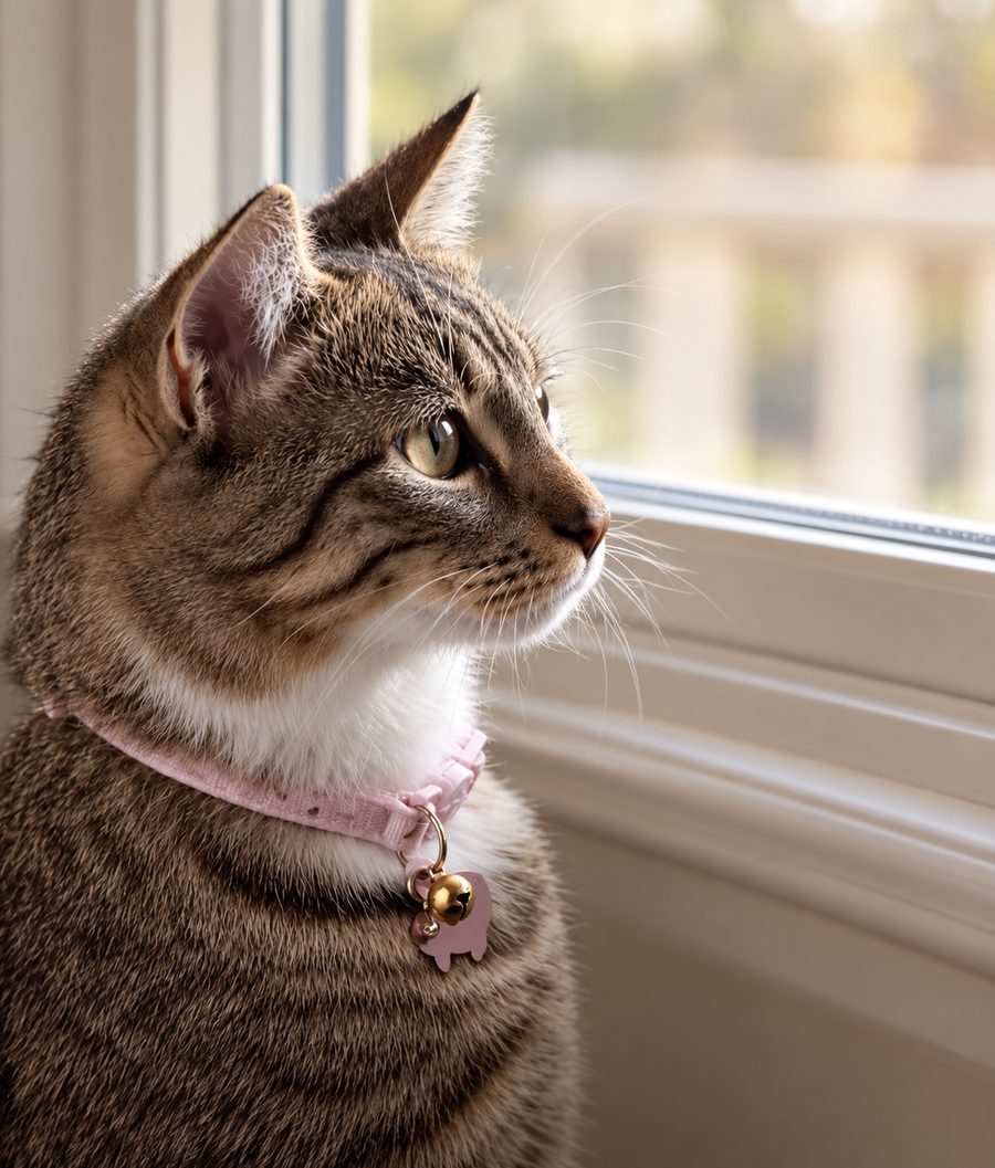 A tabby in a pink collar gazing out a sunny window