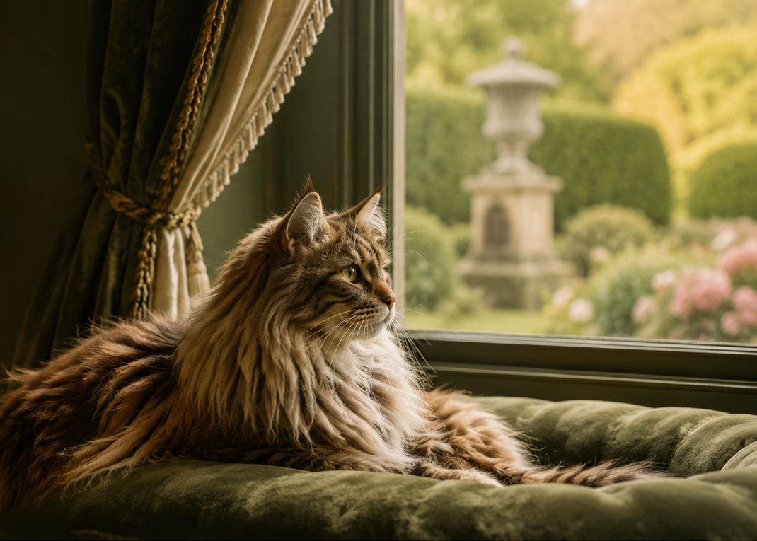 A long-haired tabby resting on a green velvet window seat, a garden beyond the glass