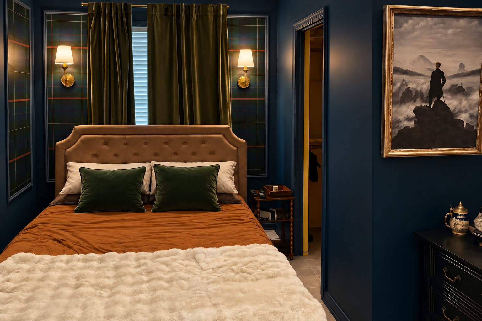 The Study suite: navy walls, tartan panels, velvet curtains and a tufted bed