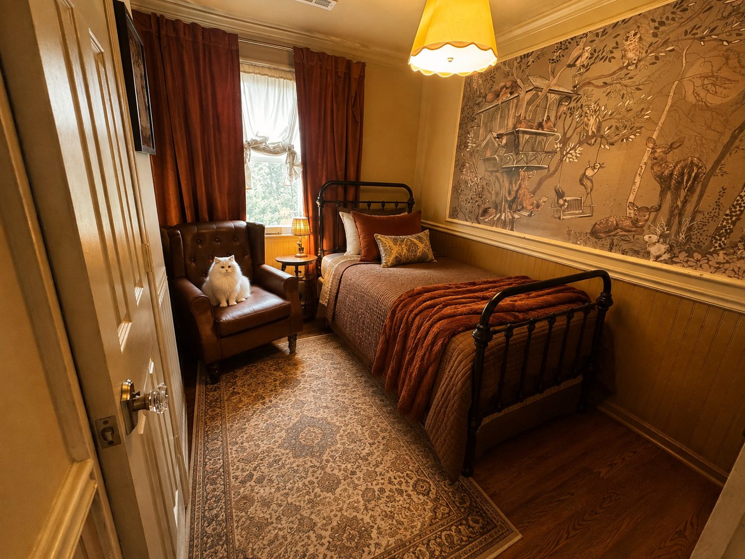 The Woodland Suite: a white cat on a leather armchair by a garden window, under a forest mural